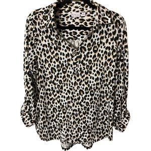 Kim Rogers Womens Large Leopard Print Henley Top Shirt Roll Tab Sleeve